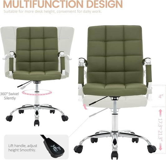 High Back Desk Chair, Modern PU Leather Home Office Task Chair with Arms, Adjustable Swivel Computer Executive Chair with Wheels (Olive Green)