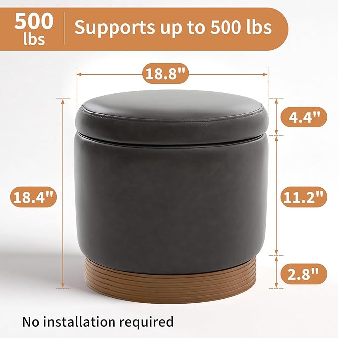 Round Storage Ottoman,Swivel Vanity Stool-Smooth Faux Leather Foot Rest,Footstool Pouf with Sturdy Acacia Wood Frame(500lbs),Small Coffee Table & Hidden Storage Ottoman for Living Room