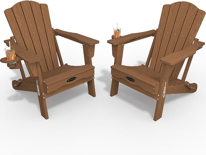 Adirondack Chair Set of 2, Folding All-Weather Outdoor HDPE Patio Chair with Cup Holder, Wood