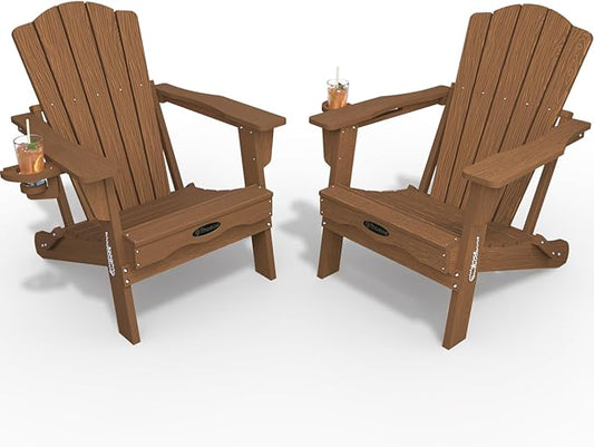 Adirondack Chair Set of 2, Folding All-Weather Outdoor HDPE Patio Chair with Cup Holder, Wood