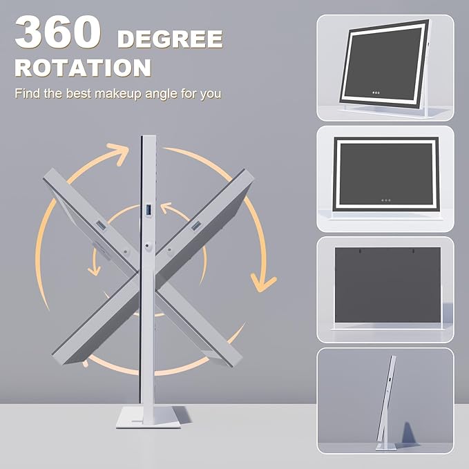 Hasipu Vanity Mirror with Lights, 28" x 20" LED Makeup Mirror, Light up Mirror with 10X Magnification and Phone Holder, USB Charging Port, Smart Touch 3 Colors Dimmable, 360° Rotation (White)