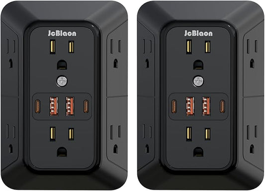 2 Pack Multi Plug Wall Outlet Extender Surge Protector 6 AC Outlet Splitter with 4 USB Ports(2 USB C) Wall Charger 1050J Power Strip 125V/15A, 1875W for Home, Office, Travel Dorm Room Essentials