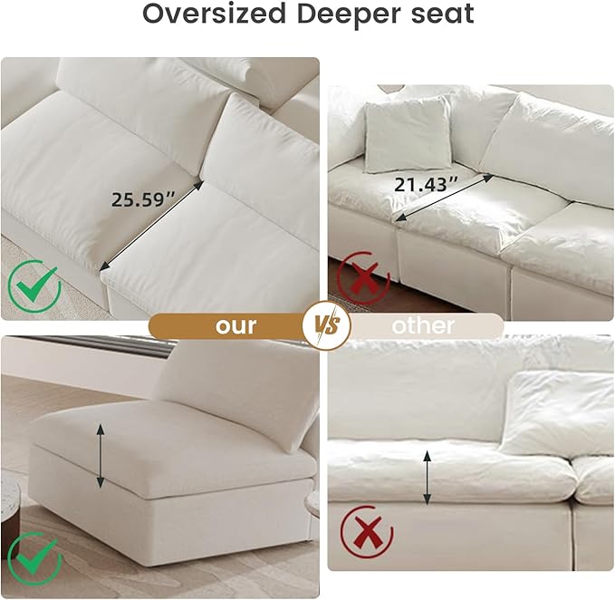 Cloud Modular Sectional Sofa Couch,Oversized Couch 6 Seater for Living Room,160.6" V Shaped Convertible Couches with Storage Ottoman, Covers Washable&Replaceable,White