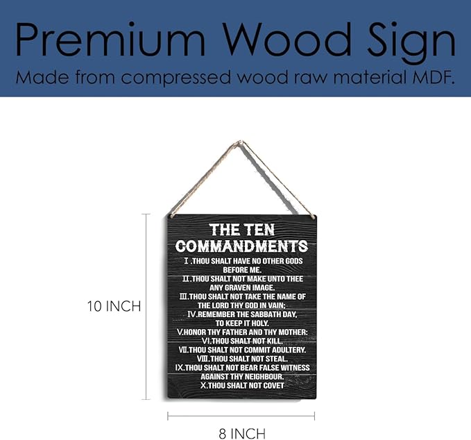 YCYD Ten Commandments Decor,10 Commandments Desk Poster, Christian Bible Verse Decor Religious Home Rustic Wooden Box Sign for Living Room Bedroom Office 10 x 8 Inches Black