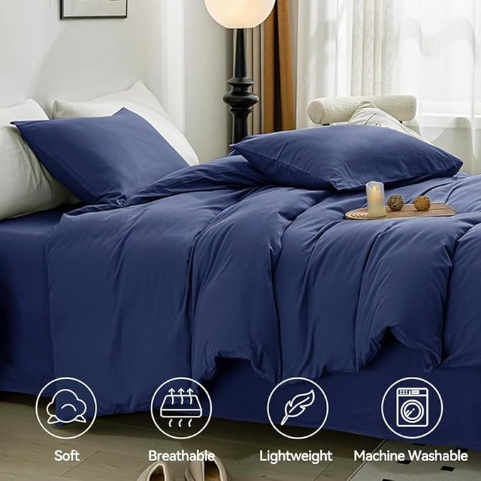JELLYMONI Cotton Navy Blue Duvet Cover Twin Size - Washed Cotton Linen Like Textured Comforter Cover, 2 Pieces Breathable Soft Bedding Set with Zipper Closure (Navy Blue, Twin 68"x90")