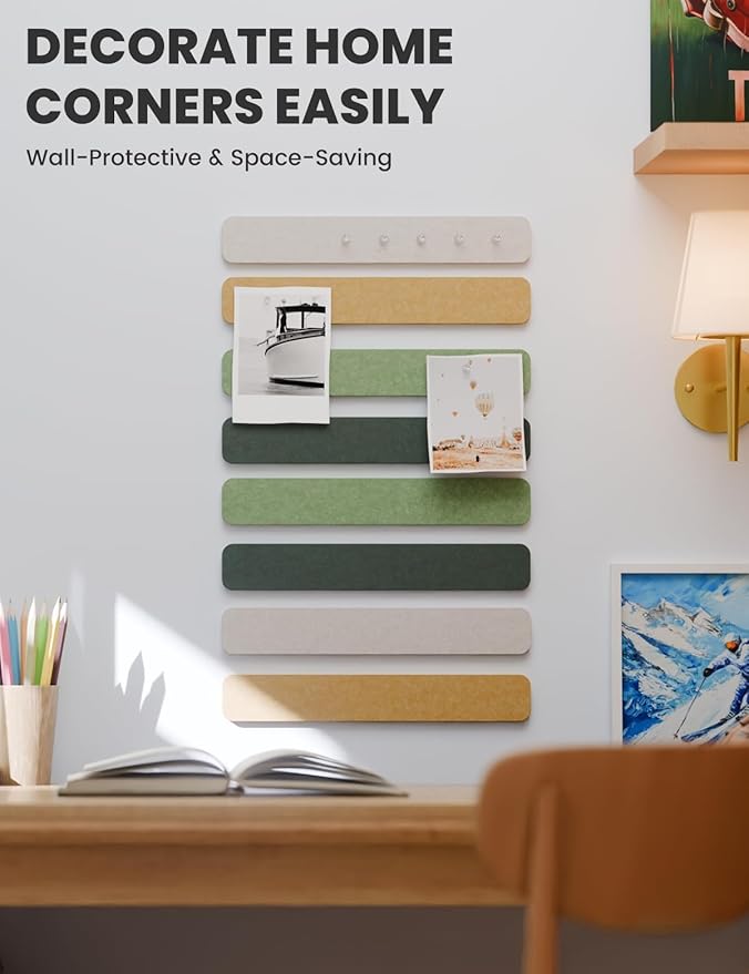 Cork Board Alternative Felt Strip Board 8-Pack 13"x2", Office Pin Board with 50 Push Pins, Adhesive Install for Bedroom Door & Home Office(Forest Meadow)