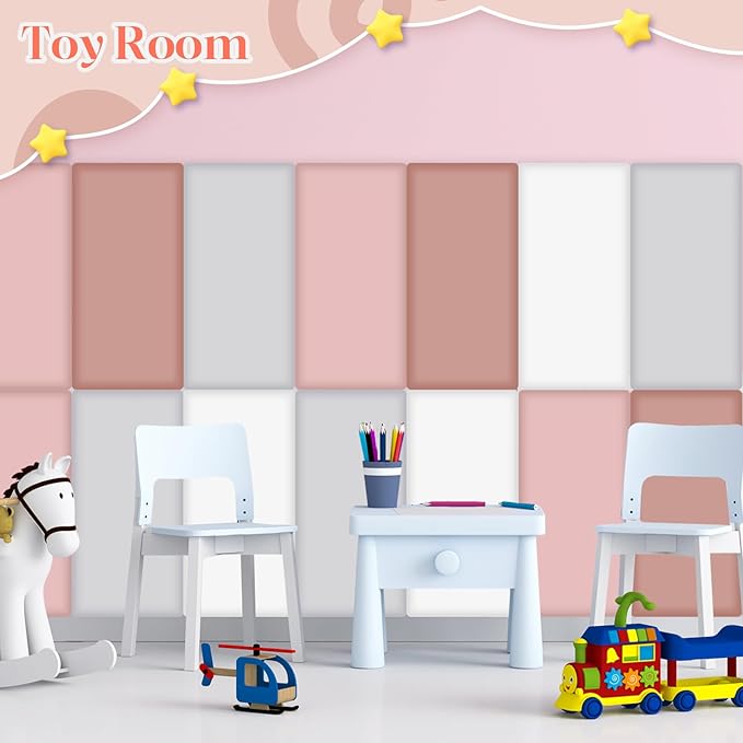 12 Pack Wall Padding for Playroom Peel and Stick Headboard 15.75" x 7.87" x 1.18" 3D Anti Collision Upholstered Wall Panels Self Adhesive Headboard Panel for Protection (Pink Colors)