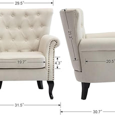 Mid Century Accent Chair for Living Room, Linen Fabric Button Tufted Armchair Wingback Club Chair, Modern Single Sofa Lounge Chair with Pillow for Reception/Bedroom, Beige