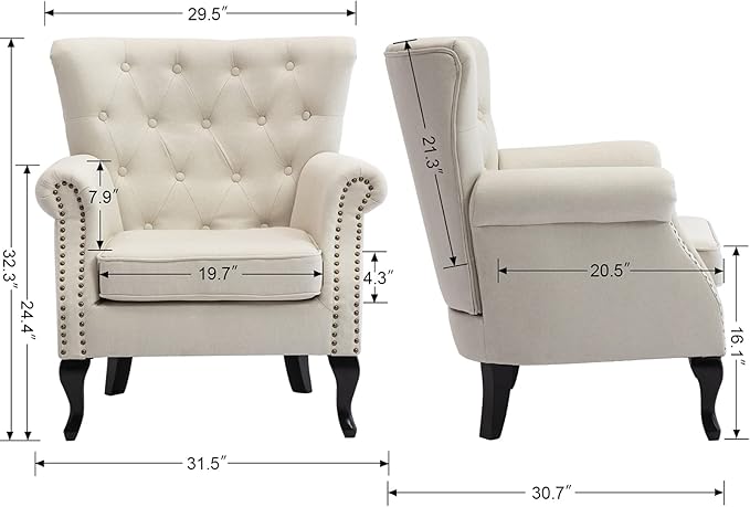 Mid Century Accent Chair for Living Room, Linen Fabric Button Tufted Armchair Wingback Club Chair, Modern Single Sofa Lounge Chair with Pillow for Reception/Bedroom, Beige