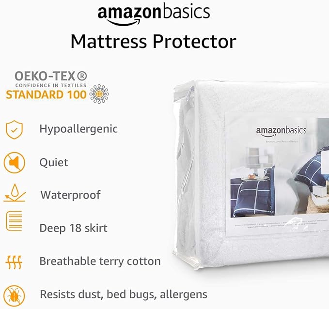Amazon Basics Waterproof 18 inch Mattress Protector King Size, Breathable, Machine Washable, White