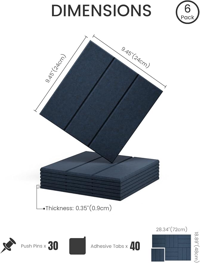 Felt Bulletin Board Tiles -28"x18" with 40 Adhesive Tabs, Cork Board Alternative for Office Decor, Push Pin Board Wall Organizer 6-Pack(Navy Blue)