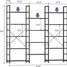 NUMENN Triple Wide 5 Tier Bookshelf, Rustic Industrial Style Bookcases and Bookshelves with 14 Open Display Shelves, Modern Tall Bookcase Furniture for Bedroom, Living Room and Home Office, Black