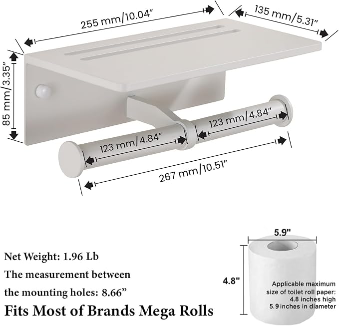 Toilet Paper Roll Holder Bathroom Decor - Double Roll Toiler Tissue Holder with Mobile Phone Shelf - Dual Toilet Paper Holder Wall Mount and Self Adhesive Paper Roll Dispenser – Matte White