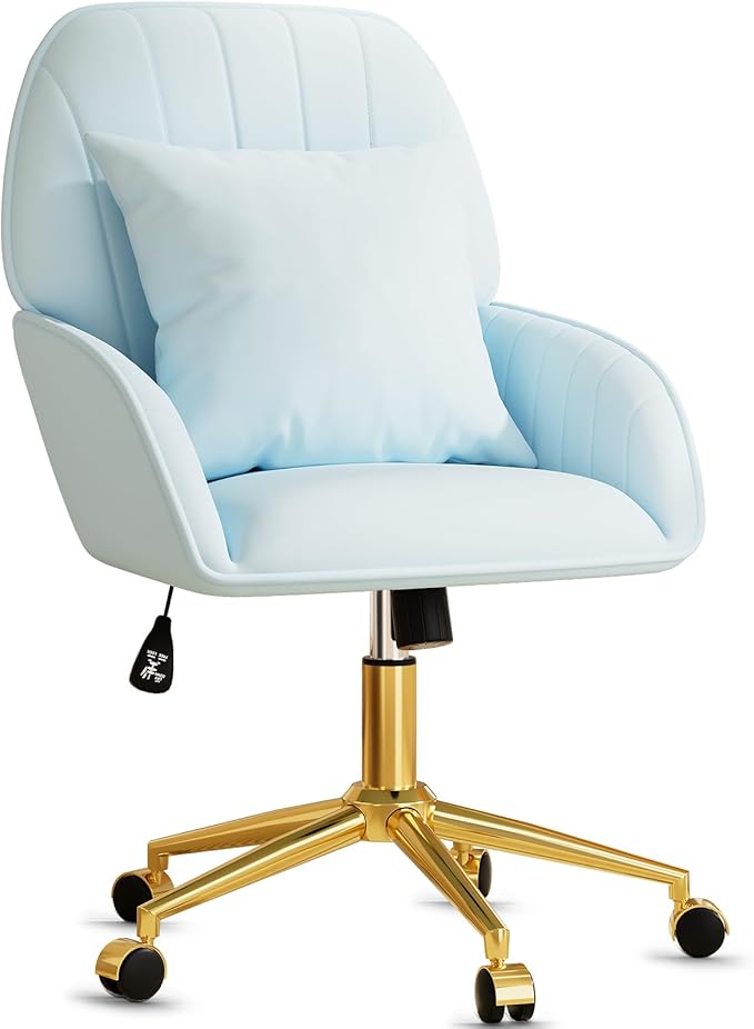 Home Office Desk Chair Comfy with Adjustable Swivel Wheels, Modern Velvet Makeup Vanity Chair with Back & Pillow, Ergonomic Office Chair Computer Task Chair for Living Room, Bedroom, Blue
