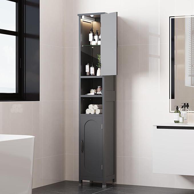 67" Tall Bathroom Storage Cabinet with Lights, Slim Narrow Bathroom Cabinet Organizer with Doors and Adjustable Shelves, Tall Cabinet for Small Space (66.9" Tall-Grey with Light, 1 Pack)