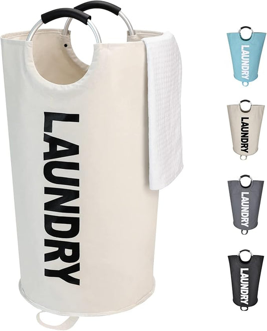 90L Large Laundry Basket, Freestanding Tall Clothes Hamper, Collapsible Laundry Bag, Beige