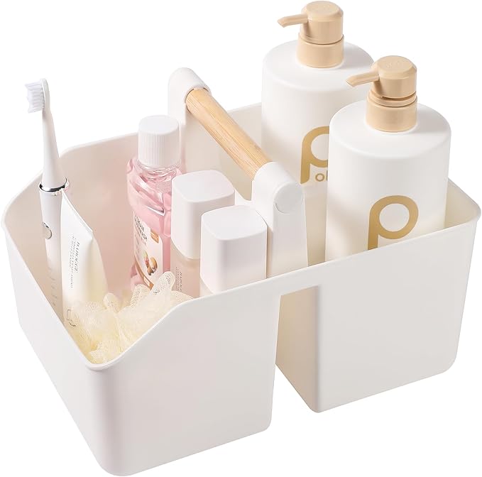 rejomiik Portable Shower Caddy Basket with Bamboo Handle, Plastic Cleaning Caddy Bathroom Organizer Tote for College Dorm Essentials, Bath Toy Storage, White