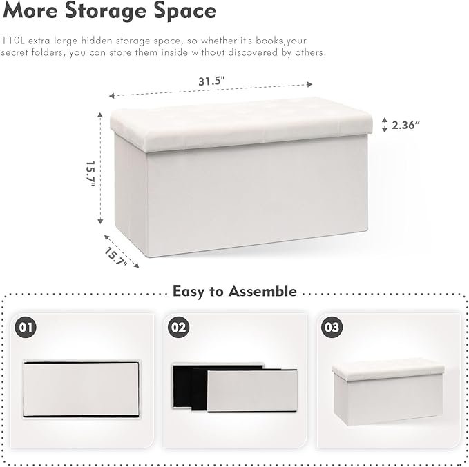 B FSOBEIIALEO Folding Storage Ottoman, Long Ottomans Shoes Bench, Velvet Storage Chest Footrest Seat 31.5"x15.7"x15.7" (White, Large)