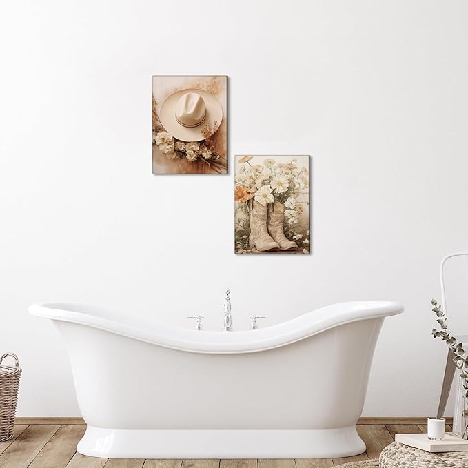 Floral Cowgirl Boots Canvas Wall Art Set of 2, Cowboy Hat with Flower Wall Decor Paintings, Trendy Preppy Western Aesthetic Prints Pictures, for Girls Bedroom Living Room Dorm 12x16 inch Framed