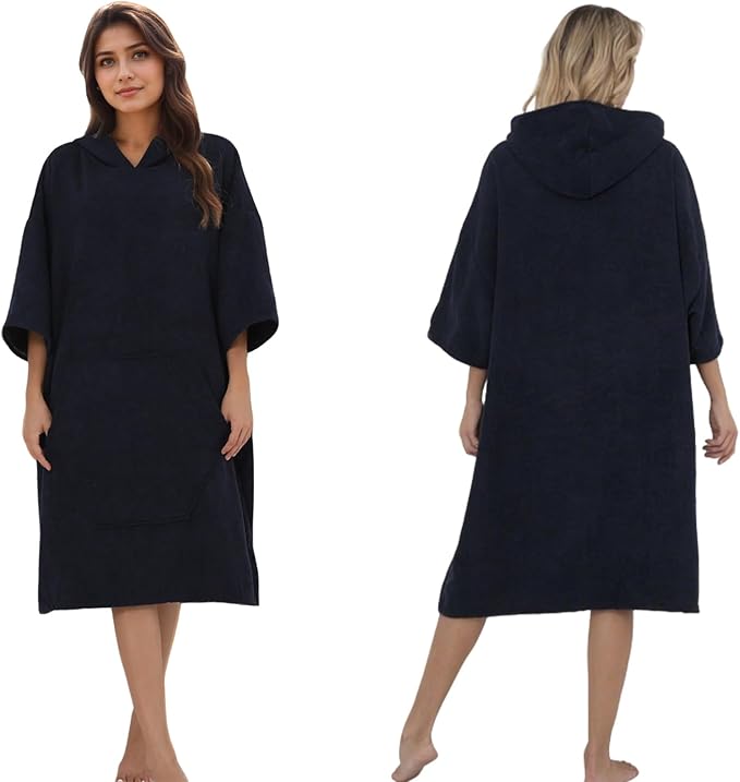 Surf Poncho Hooded Beach Towel, Quick Dry Terry Cloth, Extra Large Changing Robe with Pockets for Adults, Unisex Navy Blue Cover-Up for Swim, Bath, Beach, Gift for Swimmer Lovers