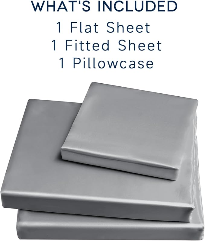 Satin Sheets Twin Size - 3 Pieces Luxury Silky Soft Bed Sheets for Kids, Wrinkle-Free Dark Grey Satin Silk Sheet Set with 1 Deep Pocket Fitted Sheet, 1 Flat Sheet, 1 Pillow case