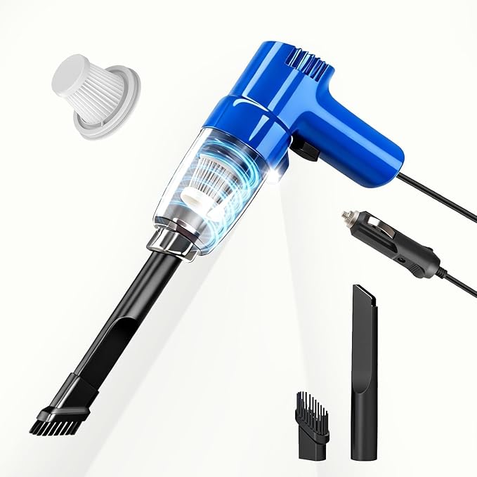Car Mounted Vacuum Cleaner - 7000PA High-Power Suction, Dry & Wet Dual-Purpose, Portable Mini Handheld Vacuum with LED Light & Attachments, Ideal for Car Interior, Pet Hair, Dust & Debris (Blue)