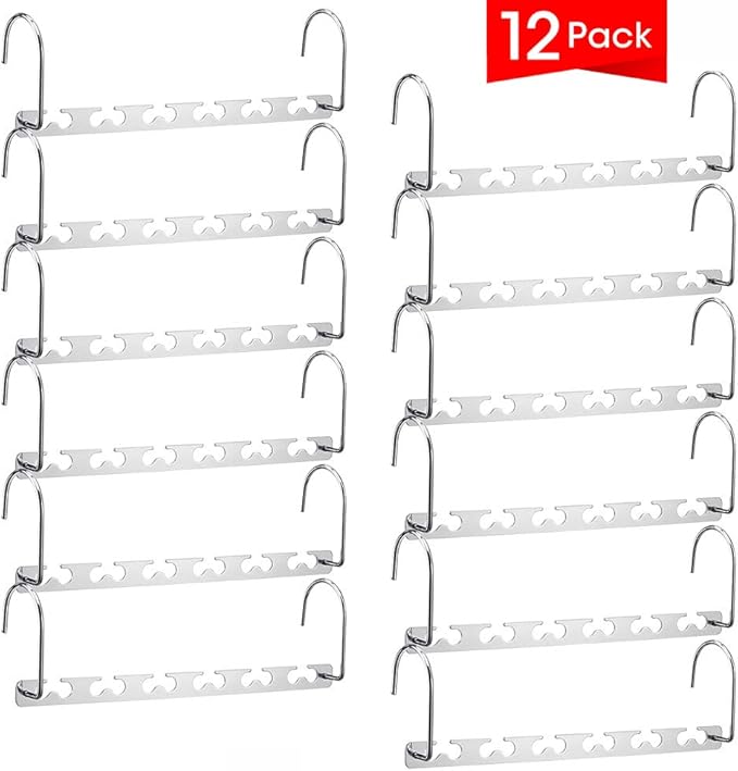 Meetu Space Saving Multifunctional Clothes Hangers - Stainless Steel 6X2 Slots Magic Cascading Hanger - Updated Hook Design Closet Organizer (Pack of 12)