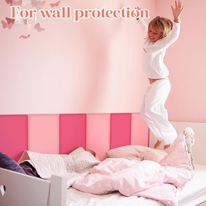8 Pack Wall Padding for Playroom Peel and Stick Headboard 15.75" x 7.87" x 1.18" 3D Anti Collision Upholstered Wall Panels Self Adhesive Headboard Panel for Protection (Rose Pink Colors)