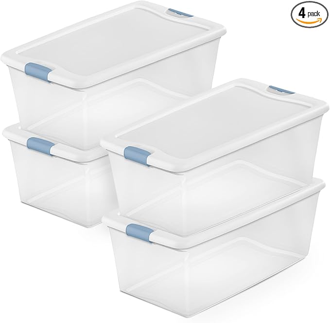 Sterilite 4-Pack Latching Box, Under Bed Storage Bins with Lids, Clear Plastic, 106 Quart - Heavy-Duty Organizing Containers for Closet, Bathroom, and Office