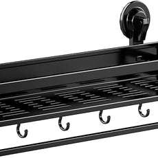 Shower Caddy Suction Cup, 11.8 inch Suction Shower Shelf with Hooks NO-Drilling Bathroom Holder, Rustproof Bathroom Organizer, Black