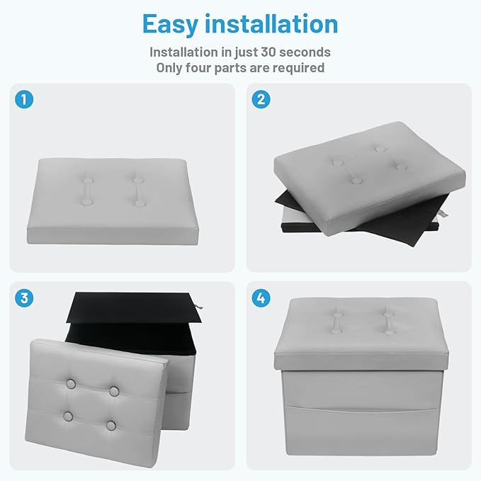 Storage Ottoman Foot Rest Stool, Small Leather Storage Ottomans Bench, Folding Footstool with Side Pockets, Foot Rest Under Desk for Living Room Bedroom, 17x13x13 in, Grey