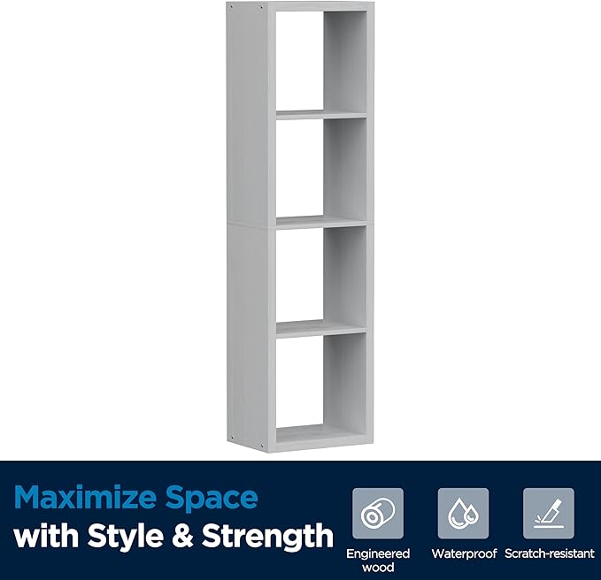 4 Cube Storage Organizer Single Row, Cube Shelf with Heavy-Duty Thick Boards, 13.31" L x 9.37" W x 48.82" H, Smooth Easy-Clean Panels, Simple Assembly, for Living Room Bedroom Office, White