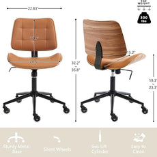 Home Office Desk Chair with Wheels, Adjustable Height Armless Office Chair, PU Leather Mid Back 360° Small Computer Chair, Modern Walnut Chair No Arms for Office, Reading Meeting Room(Brown)