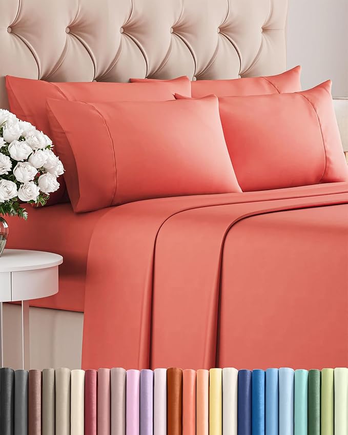 Cal King 6 Piece Sheet Set - Cooling & Breathable Bed Sheets - Hotel Luxury Bed Sheets for Women, Men, Kids & Teens - Bedding w/Deep Pockets & Easy Fit - Soft & Wrinkle Free - Cal King Coral Sheets