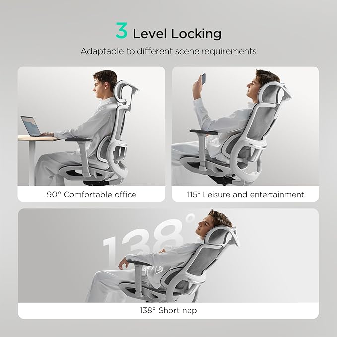 Hbada E2 Ergonomic Office Chair, Big and Tall Mesh Office Chair with 6-Way Dynamic Lumbar Support, 3D Adjustable Armrests, 3D Adjustable Headrest, High Back for Gaming Chair, White(No Footrest)