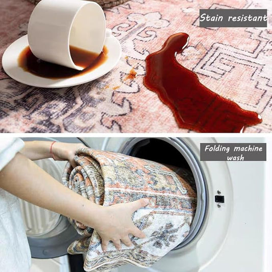 Area Rug 2x3 Washable Rug Door Mat Vintage Distressed Taupe Doormat Indoor Entrance Traditional Thin Floral Print Non Slip Carpet for Kitchen Bathroom Bedroom Living Room