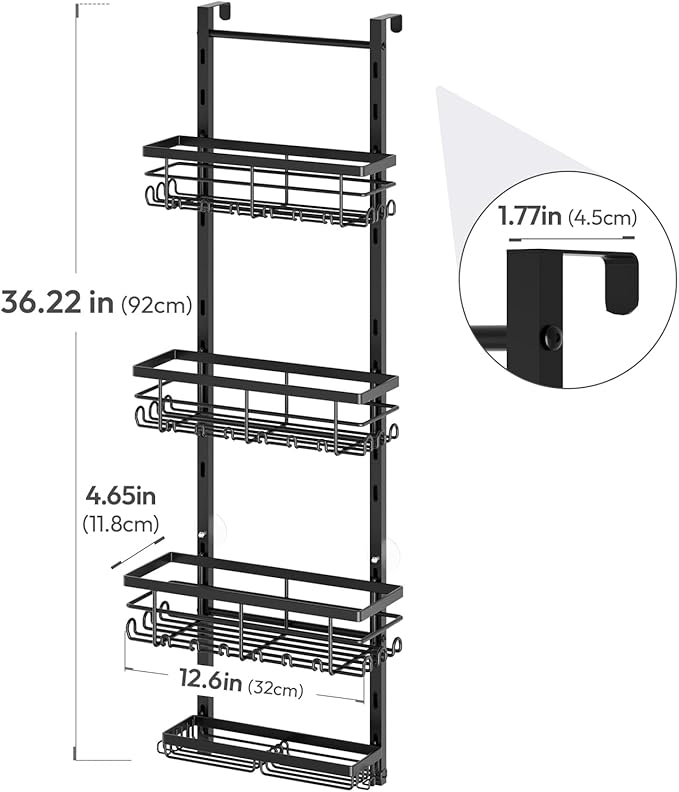 SWTYMIKI Over The Door Shower Caddy - 4 Tier Rustproof Hanging Shower Organizer with Adjustable Shelves, 40 Hooks & Soap Holder, Hanging Shower Rack Storage for Bathroom Accessories, Black