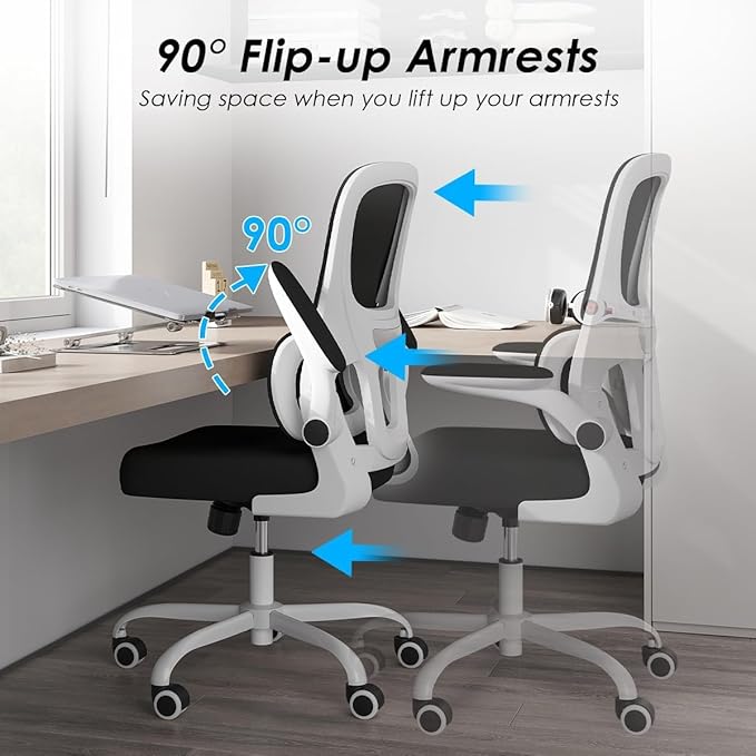 Soohow Office Chair, Mesh Ergonomic Office Chair with Lumbar Support, Comfy Swivel Computer Desk Chair with Flip Armrest Rolling Wheels for Home Study Room Office, White & Black