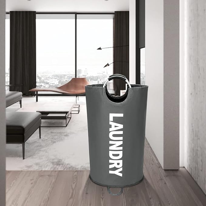 90L Large Laundry Basket, Freestanding Tall Clothes Hamper, Collapsible Laundry Bag, Dark Grey