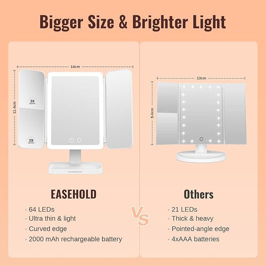 EASEHOLD Lighted Makeup Mirror, Rechargable Vanity Mirror with Magnification, 2X 3X, Trifold Makeup Mirror with Touch Control, 3 Color Dimmable LED Lights, Portable Make up Mirror, Gifts for Women