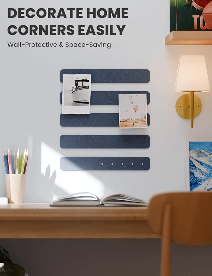 Cork Board Alternative Felt Strip Board 5-Pack 13"x2", Office Pin Board with 35 Push Pins, Adhesive Install for Bedroom Door & Home Office(Denim Blue)