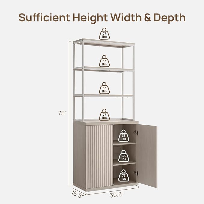 SICOTAS Book Shelf Fluted Bookshelf Cabinet - 75" Tall Bookcase 6 Tier Large Bookshelves with Doors Storage Modern Wide Book Shelves Case for Living Room Home Office Library, Metal Frame, White Alder