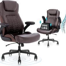 Ergonomic Executive Office Chair for Big & Tall - 500lbs Capacity with Lumbar Support & Flip-Up Armrests, Heavy Duty PU Leather Computer Desk Chair, Brown