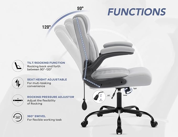 Office Chair with Adjustable Inflatable Lumbar Support,Leather Ergonomic Computer Desk Chair with Flip-up Arms,Adjustable Tilt Lock,Swivel Rolling Executive PC Chair for Work,Study,Meeting.Grey