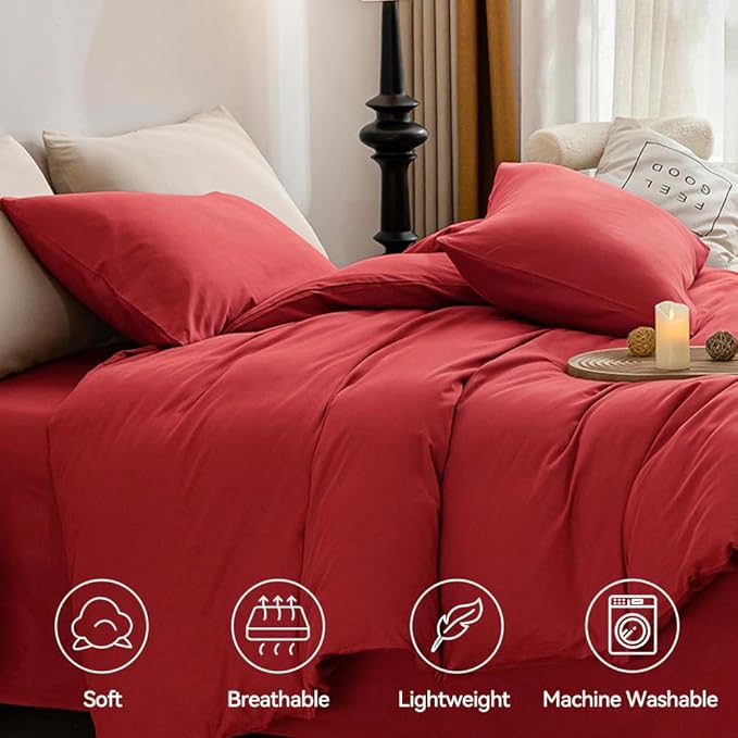 JELLYMONI Red Duvet Cover Queen Size - 100% Washed Cotton Linen Like Textured Comforter Cover, 3 Pieces Breathable Soft Bedding Set with Zipper Closure (Red, Queen 90"x90")