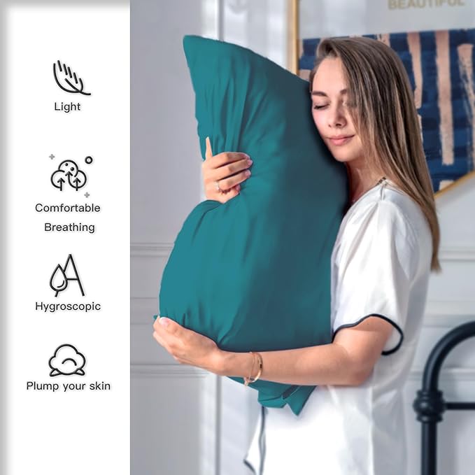 Silk Pillow Cases 2 Pack Soft Breathable and Sliky Standard Size Pillow Cases Set of 2,Natural Mulberry Satin Silk Pillowcase with Hidden Zipper for Hair and Skin (Teal,20"X 26",2pcs)