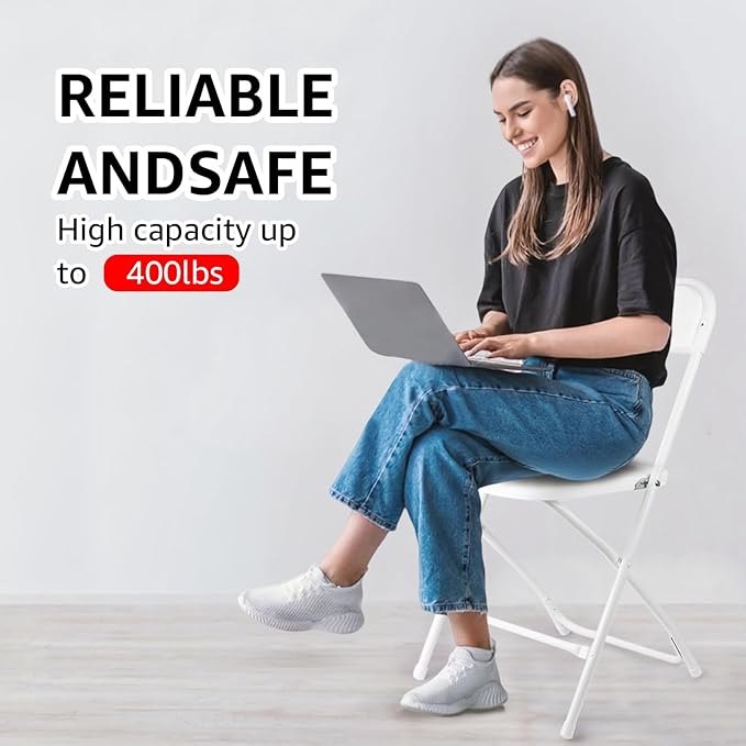 6 Pack White Folding Chairs, Portable Stackable Commercial Foldable Chair, Indoor Outdoor Plastic Folding Chair for Events/Office/Home/Wedding/Party, 400lbs Capacity