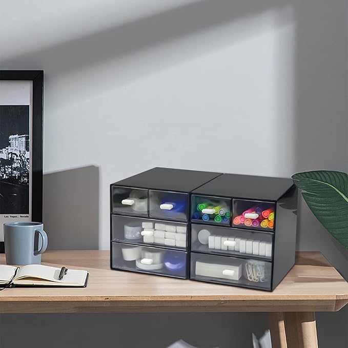 Desk Organizer with Drawer, Desk Storage Box, Plastic Office Stationery Supplies Organizers, Desktop Organizer for Office School Home (4 drawer, Black)