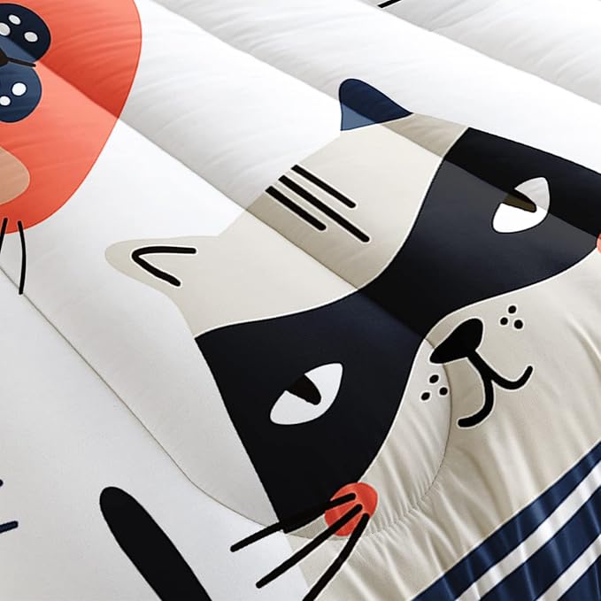 CVHOUSE Cat Bedding,Cartoon Cat Comforter Queen,Animals Print Comforter Set for Kids,Kawaii Quilt Set with 1 Comforter and 2 Pillow Cases