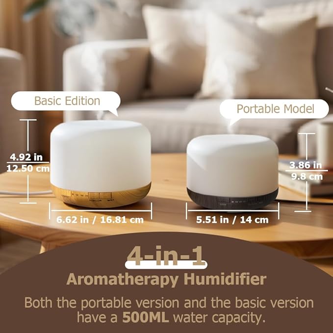Essential Oil Diffuser 500ml,Aromatherapy Diffuser with 7 LED Lights,Quiet Air Humidifier 4-in-1 with Timer & Auto-Off,Compact Scent Diffuser for Bedroom,Yoga,SPA,Baby Room(Portable Model)